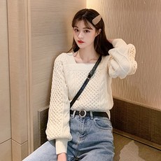여성 스퀘어 니트 케이블 스웨터
