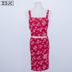 Z3JC 오진 블루 플라워 가든 맷돌 호텔 작업 앞치마 농가 앞치마 식당 다방 주방, 레드데이지 홀터넥 쓰리피스(앞치마 스카프 토시), 1개