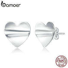 Bamoer 925 스털링 실버 주얼리 실버 폴드 하트 스터드 귀걸이 여자를위한 여자 선물 진술 보석 귀걸이 SCE936|단추모양 귀걸이|