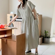 로로텐 스트라이프 반팔 셔츠 롱 원피스 카라넥 A라인 여성 빅사이즈