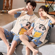 블루썬 순면커플잠옷 커플파자마 여성 여름반팔 코튼 질 해내다 괴상함 트렌드 개성 큐트 캐릭터실내복 핏아우터