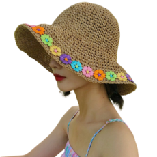 여름 휴양지 여자 모자 꽃장식 자외선 벙거지 왕골 버킷햇 라탄 여성