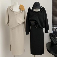 Chephie 루즈핏 후드 긴팔 티셔츠+끈나시 원피스 세트