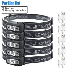 휴대용 LED 센서 헤드램프 USB 충전식 손전등 야외 캠핑 낚시 비상 랜턴, 05 5pcs, 5개