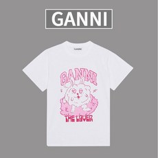 GANNI 가니 토끼 프린팅 라운드 티셔츠 화이트 색상 루즈핏 여름 기본티 반팔