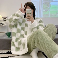 체크무늬 수면잠옷 상하의 세트 가을 겨울 따뜻한 파자마 핑크 그린 블루