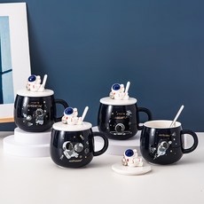 우주인 도자기 컵 남녀 학생 머그컵, 블랙(패턴 랜덤)컵+뚜껑+숟가락, 401-500ml, 1개