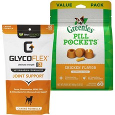 번들: VetriScience GlycoFlex Stage III Ultimate Strength Joint Support 한입 크기의 씹는 Greenies 알약 주머니 송곳니 치킨 맛 강아지 간식, 1개 - 글라이코플렉스3