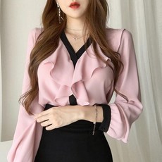러블리트 Y4G9XQIX 여성 봄 가을 브이넥 배색 쉬폰 프릴 블라우스