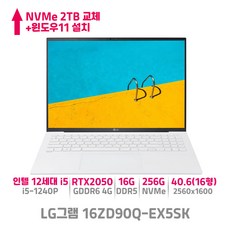 LG전자 그램 16ZD90Q-EX5SK [코어i5-1240P RAM 16G NVMe 256G RTX 2050 40.6cm(16인치)], WIN11 Home, 화이트, 16GB, 2TB, 코어i5, VGA RTX2050