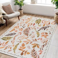Syalife 7.6 x 1.5m(3 5피트) 러그 미끄럼 방지 세탁 가능한 로우 파일 거실 주방 복도 침실 침대 옆 아이들 방 대학 기숙사용 (그린 플로럴 91.4, 오렌지 잎, 1개