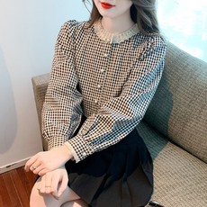 프렌치 빈티지 라운드 레이스 고급감 체크 셔츠 여 초가을 긴팔 기질 상의