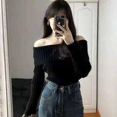 블랙 일자 어깨 니트 여 오프숄더 긴팔 풀오버 니트 탑 L594