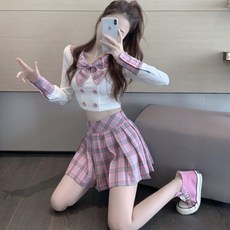 [해외] 인기신상 여성 봄여름 아이돌스타일 체크무늬 코디 세트