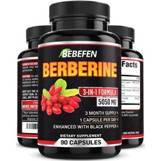BEBEFEN 베르베린 캡슐 - 흑후추 추출물이 함유된 5050mg 포뮬러 알약 건강한 면역 체계 심혈관 심장 지원을 위한 90캡슐 보충제 3개월 분량 151172, 1개, 90정