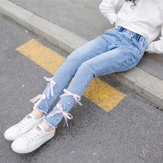 봄 2020 어린이 의류 여자 스트레치 블루 보우 타이 데님 진주 청바지 새로운 스타일 피트 바지 어린이 여자 바지 옷|청바지|