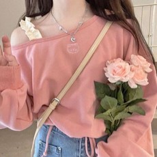 KOSAHIKI 여성용 귀여운 핑크 크롭 후드 Y2k 옷 고양이 자수 오프 숄더 느슨한 드로스트링 O-넥 스웻셔츠 일본 스타일