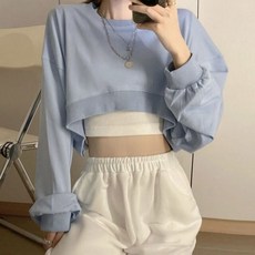 귀여운 솔리드 긴 소매 자른 후드 Y2k 의류 여성 그런지 얇은 느슨한 o-넥 스웨터 일본 스타일 Sudaderas Para Mujer