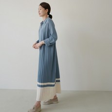라라랜드스토어 여성 박시 폴로넥 플리츠 톤오톤 니트 모직 롱 원피스