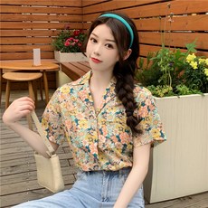 직구갤러리 블루반팔셔츠 홍콩풍 개성 소녀 여성 여름 셋업 데이지 학생 클래식 캐쥬얼 와이드 루즈핏 플라워 프린트 와이셔츠