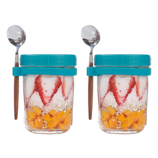 2pcs 350ML 오트밀 컵 글라스 오버나이트 귀리 용기 밀폐 아침 식사 준비 유리 용기 뚜껑과 숟가락이 있는 요거트 샐러드 시리얼 과일 병, 그린, 2개