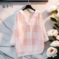 별후이 여성용 여름 자외선 차단 후드 체크 가디건 루즈핏 셔츠