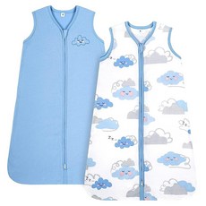 TILLYOU Sleep Sack 6-12개월 - 0.5 TOG 아기 웨어러블 담요 양방향 지퍼 매우 부드러운 면 민소매 침낭 2팩 그레이 그로운, 스몰 클라우드 & 블루
