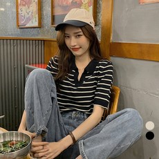라라벨 여성용 니트 카라넥 스트라이프 베이직 데일리 반팔 니트