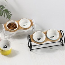 고양이 강아지 애완 높이조절 물그릇 밥그릇 2구 원목식탁, 블랙