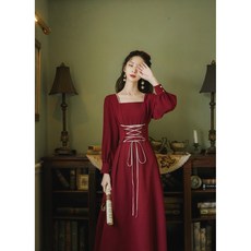 무배 벌룬소매 스퀘어넥 코르셋 와인 개화기 복고 롱원피스
