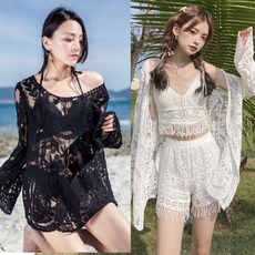 레이스 자수 비키니밴더 크로셰 여름휴가 수영복 커버업 가디건 가운, 오픈블랙