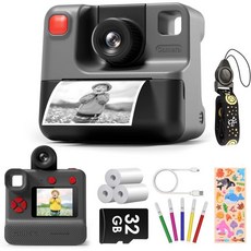 카메라 즉석 인쇄 토들 여아 3-12세 24MP 1080P 셀피 디지털 3롤 노잉크 용지 32G SD 카드 - 화이트 721932, Black, 1개