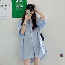 LALABELLE 여성용 셔츠 카라넥 무지 베이직 오버핏 캐주얼 데일리 반팔셔츠 - 여성블루셔츠