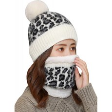 아마존 여성복 매장의 BLUBOON 윈터 니트 비니 햇 슬라우치 워멘스 파우프 폼폼 모자 소프트 웜 스키 캡(레퍼드-화이트 슈트)