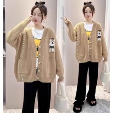 가을 겨울 임산부 세트 패션 나른한 분위기 루즈핏 니트 카디건 아우터 배색 와이드 팬츠 세트