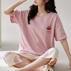 패스타임 여름 얇은 반팔 여성 잠옷 7부바지 세트 브라캡 캡내장 홈웨어 SE1332