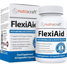 Nutracraft FlexiAid #1 운동 유연성 단백질 분해 효소 허브 브로멜레인 세라펩타제 프로테아제 파페인 데블스 클로 화이트 버드나무 껍질 60가지 캡슐, 1개, 60정 - 버드나무추출물