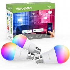 영국직송 3팩 스마트 WiFi 전구 B22 RGBCW 노보스텔라 알렉사 전구 7W=60W Hal 전구 600lm Work with Alexa Google Home Mu, 단일옵션