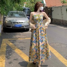 Ycbefor 여성 플라워 끈나시 롱원피스 여름 바캉스 비치웨어 원피스