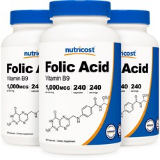 해외 Nutricost Folic Acid 비타민 B9 엽산 1000mcg 240, 3개, 240정