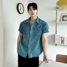척도 / 피그먼트 워싱 데님 반팔 셔츠 그린 여름 남방