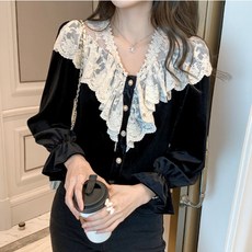 겨울 가을 블랙 여자와이셔츠 벨벳 패치워크 나팔 소매 저고리