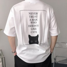 오프앤 국산 남녀공용 특양면 오버핏 빅사이즈 고양이 프린팅 박스 반팔 티셔츠 - 이미지 8