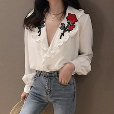 플라워 자수 블라우스