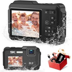 5K 수중 카메라 16FT 방수 디지털 셀피 듀얼 스크린 WIFI 포함 64MP 32GB 마이크로 SD 카드 1200mAh 배터리 스노클링용 16X 줌 블랙, 1개