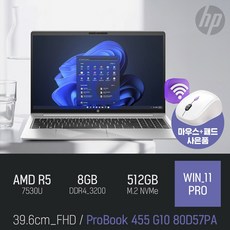 HP ProBook 455 G10 80D57PA / 주식 문서작업 사무용 인강용 [ 무선마우스 증정], WIN11 PRO, 8GB, 512GB, 실버