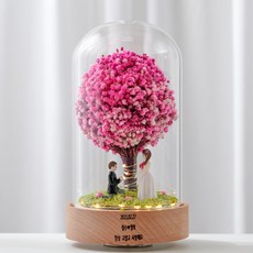 오르골 LED 프리저브드 드라이플라워 여자친구 기념일 꽃 선물 무드등, 대형 오르골형, 로맨틱블라썸(핑크)