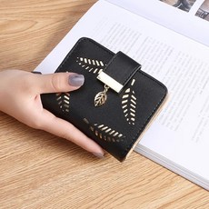 카드 여성용 PU 가죽 장지갑 골드 할로우 리프 파우치 핸드백 동전 지갑 홀더 클러치