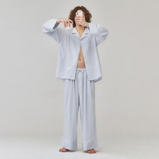 오끼뜨 uni 도미토리 더블 티킹 스트라이프 파자마 화이트블루