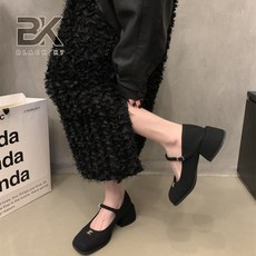 BLACK K7 여성 신발 네모난 굽 로퍼 경전 메리제인 슈즈